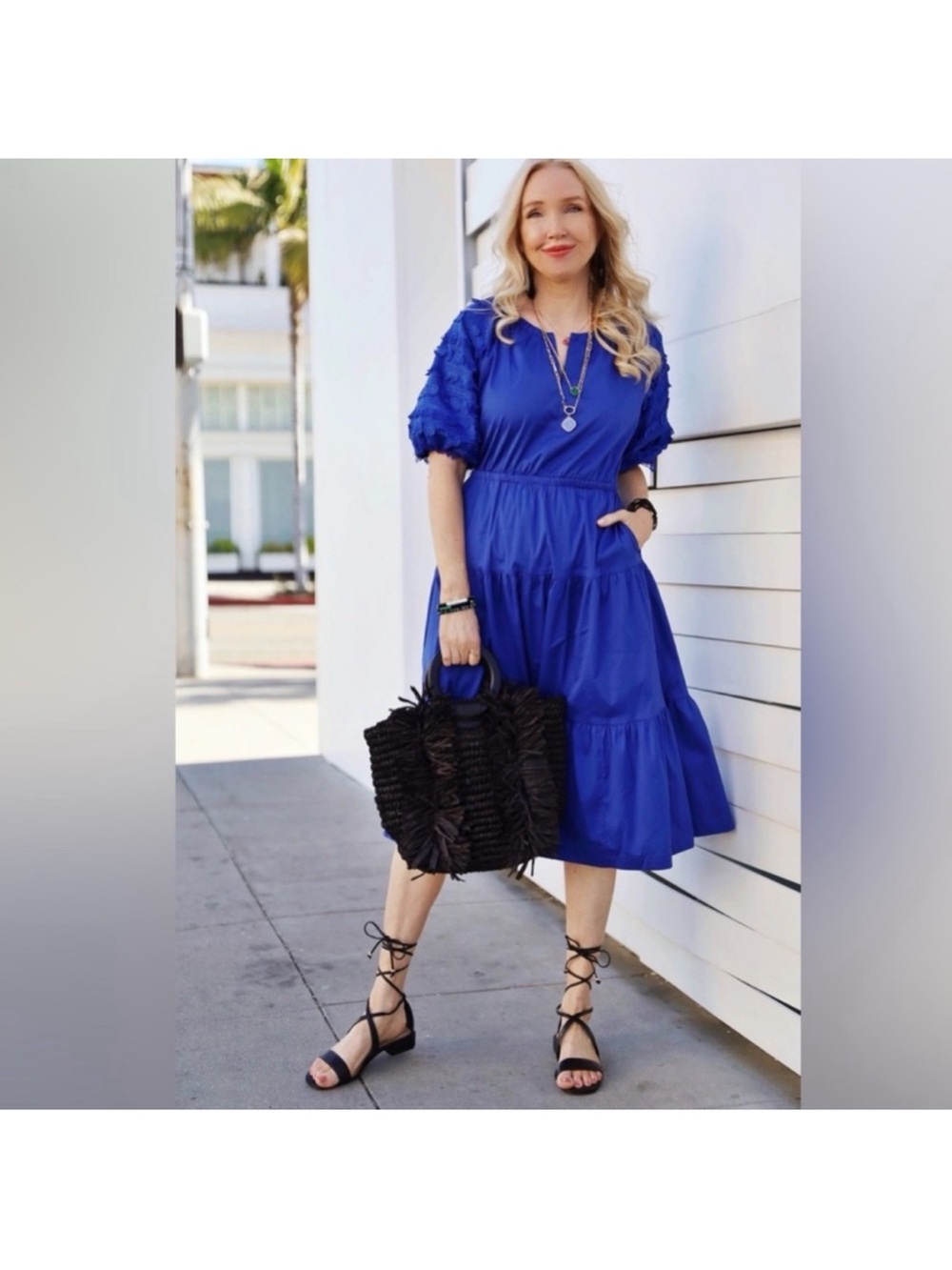 Chico’s Midi Dress Puff Sleeve with Eyelash lace cobalt blue size 0 NWT